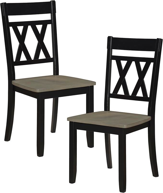 Lexicon Farmhouse Wood Dining Chair, Set of 2, Double Cross Back, Rustic Armless Chairs, Kitchen and Dining Room Furniture, Two-Tone Finish (Greywash and Antique Black)