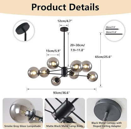 BOKT Mid Century Modern Matte Black Chandelier 8-Lights Globe Glass Ball Chandelier Flush Mount Ceiling Light Industrial Vintage Farmhouse Kitchen Island Pendant Lighting Fixture