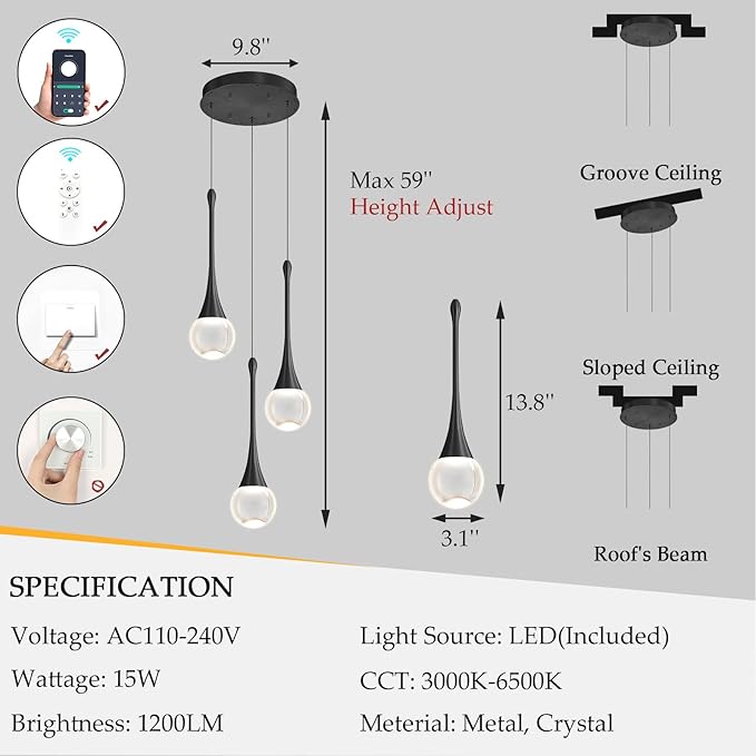 Crystal Chandelier for Dining Room Glam 3 Light Cluster Crystal Pendant Light Dimmable LED Chandeliers for Kitchen Island Living Room Black
