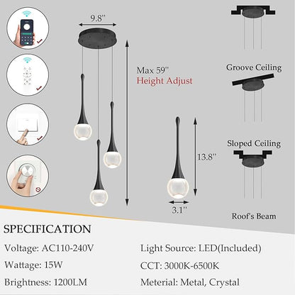 Crystal Chandelier for Dining Room Glam 3 Light Cluster Crystal Pendant Light Dimmable LED Chandeliers for Kitchen Island Living Room Black