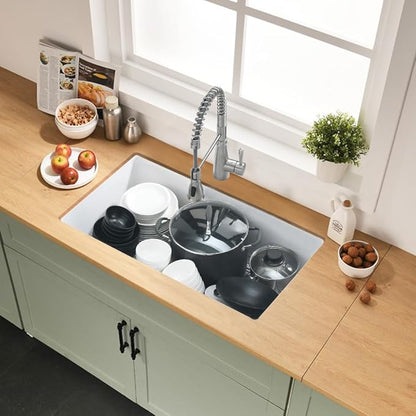 33 Inch White Undermount Kitchen Sink, 33x19 Inch Granite Composite Kitchen Sink Undermount Quartz Single Bowl Dual Mount Deep Basin with Countertop Squeegee Brush Combo
