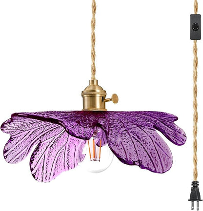 14.75ft Plug in Hanging Lamp with Purple Shade Vintage Plug in Glass Hanging Light Fixture ON Off Switch Mid Century Modern Pendant Light for Dining Room Kitchen Girls Room Bedroom