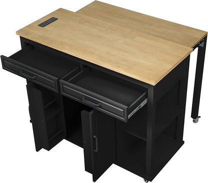 Modern Dining Table Kitchen Island 47 Inch Extendable with Rack Power Outlet Rubber Wood Veneer Adjustable Sturdy Stable Easy Clean Counter Console Luxury,Black-MDF