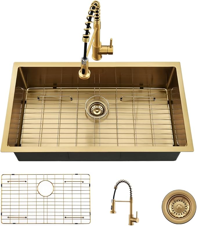33 Inch Gold Kitchen Sink with Faucet Combo-iAnomla 33x19 Undermount Sinks Stainless Steel Brushed Gold Deep Single Bowl Kitchen Sink and Faucet Combo Set
