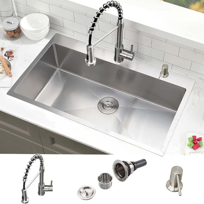 33 Inch Drop In Kitchen Sink with Faucet Combo- 33X19 Drop In Top Mount Kitchen Sink 18 Gauge Stainless Steel Deep Single Bowl Kitchen Sinks with Soap Dispenser