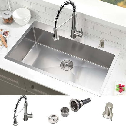33 Inch Drop In Kitchen Sink with Faucet Combo- 33X19 Drop In Top Mount Kitchen Sink 18 Gauge Stainless Steel Deep Single Bowl Kitchen Sinks with Soap Dispenser