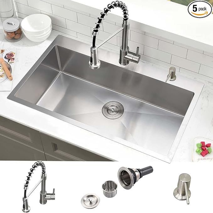 33 Inch Drop In Kitchen Sink with Faucet Combo -Wesliv 33x19 TopMount Stainless Steel Sinks 18 Gauge Single Bowl Deep Kitchen Sink with Soap Dispenser