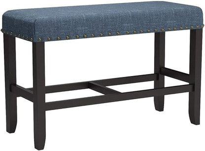 Roundhill Furniture PB162BU Biony Fabric Counter Height Dining Bench with Nailhead Trim, Blue