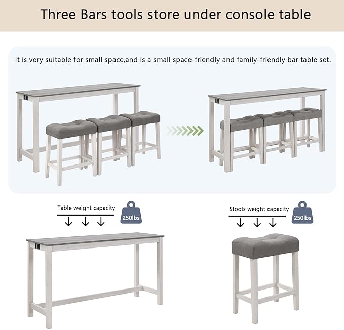Knocbel Classic 3-Person Counter Height Bar Table Set with Power Outlet, 4-Piece Dinette Set with Padded Seat Stools, Apartment Condo Small Space Pub Bistro Dining Furniture Set (White Grey)