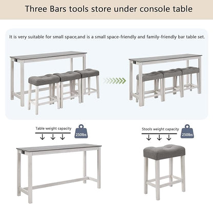 Knocbel Classic 3-Person Counter Height Bar Table Set with Power Outlet, 4-Piece Dinette Set with Padded Seat Stools, Apartment Condo Small Space Pub Bistro Dining Furniture Set (White Grey)