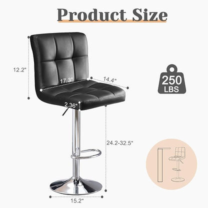 Sweetcrispy Bar Stools Set of 4, Armless PU Leather Adjustable Swivel Barstools, Hydraulic Kitchen Counter Height Thickened Seat Cushion Square Island Countertop Chairs with Back, Black