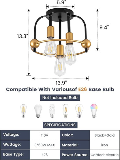 3 Light Industrial Ceiling Light Black Gold Semi Flush Mount Lights Close to Ceiling Light Fixtures,cage design Farmhouse Ceiling Lighting for Kitchen Bedroom Bathroom Foyer Hallway (E26, 1Pack)