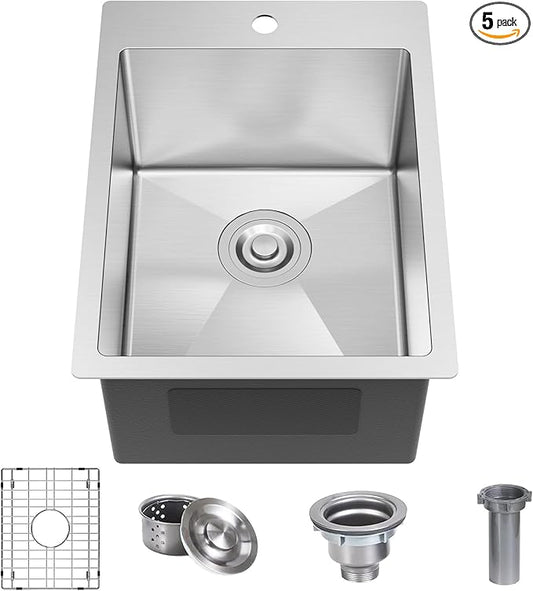 15x20 Inch Bar Sink Drop In Topmount, 18 Gauge Stainless Steel Single Bowl Small Kitchen & Wet Bar Prep Sink, 9 Inch Deep with Bottom Grid & Drain Assembly