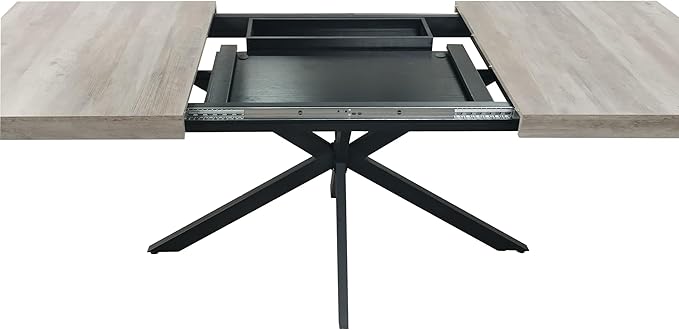 55.11"-70.86" Dining Table for 6-8 People, Retro Rectangular Stretch Table, Kitchen Table with Wood Top, Black Relief Plate Iron Foot Base and Storage Box(Grey)