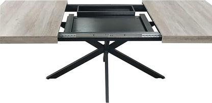 55.11"-70.86" Dining Table for 6-8 People, Retro Rectangular Stretch Table, Kitchen Table with Wood Top, Black Relief Plate Iron Foot Base and Storage Box(Grey)
