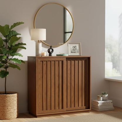 Amposei Mid Century Modern Sideboard Cabinet | Slim Fluted Credenza with Sliding Doors | Narrow Storage Buffet Console Table for Small Spaces, Living Room, Entryway, Kitchen (Walnut, 32")