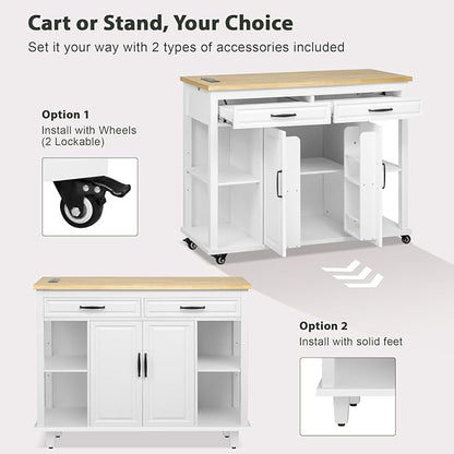 Versatile Kitchen Island Cart with Extendable Dining Table, Ample Storage, Built-in Power Outlet, and Adjustable Shelves - White and Natural Wood