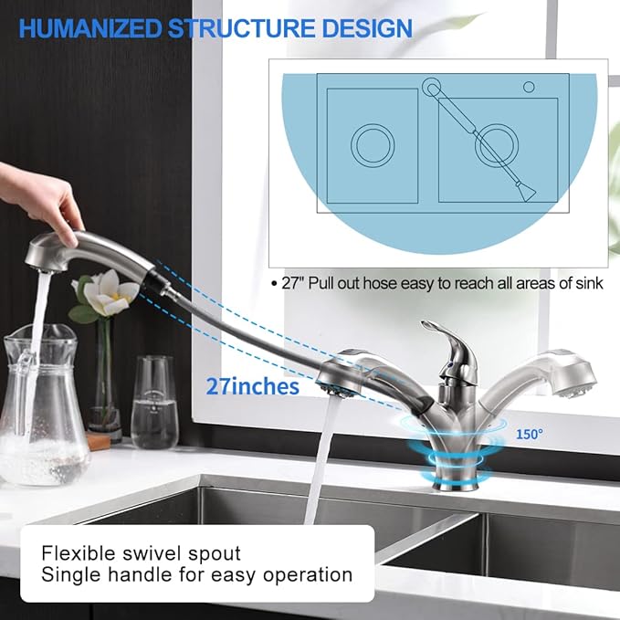 Kitchen Faucet with Sprayer, Brushed Nickel Kitchen Sink Faucet with Pull Out Sprayer, Single Handle 1 Hole Kitchen Faucets Solid Brass Commercial RV Kitchen Faucet 2 Modes & 150°Rotation & No Lead