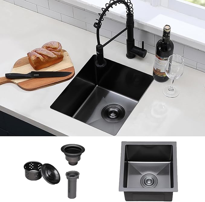 Black Undermount Bar Sink, 15 X 17 Inch Black Bar Sink, Rv Outdoor Stainless Steel Wet Bar Small Kitchen Sinks, Handmade Stainless Steel Single Bowl