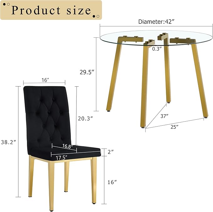 Round Glass Dining Table Set with 2 Black Velvet Chairs, 42 Inch Diameter Clear Tempered Glass Top with Gold Metal Legs, Grid Pattern for Elegant Dining Room and Kitchen