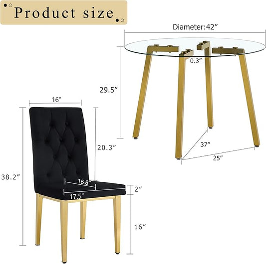 Round Glass Dining Table Set with 2 Black Velvet Chairs, 42 Inch Diameter Clear Tempered Glass Top with Gold Metal Legs, Grid Pattern for Elegant Dining Room and Kitchen