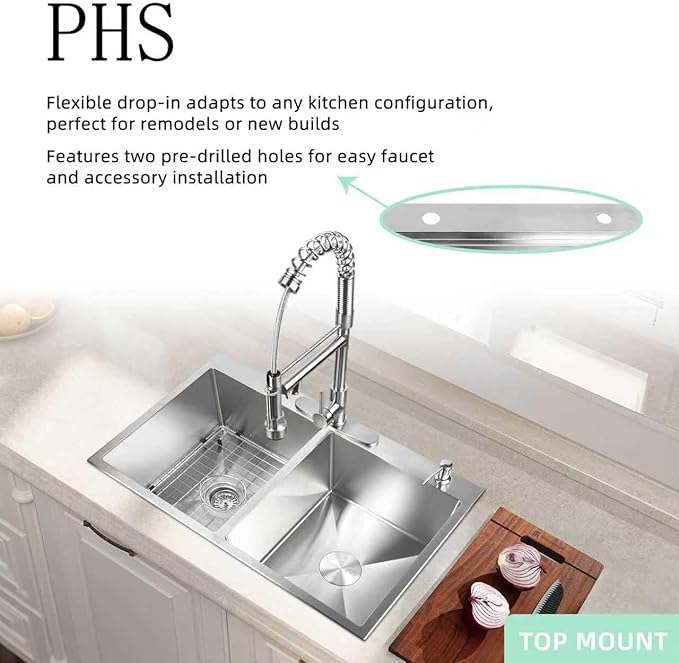 PHS 33 Inch Drop In Double Bowl Kitchen Sink 50/50-16 Gauge Stainless Steel Overmount Kitchen Sink 33x22 with Accessories, 9 Inch Deep Sinks with Brushed Finish