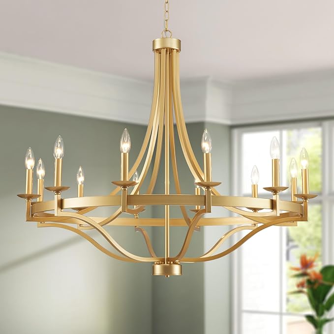 WUZUPS 12-Light Wagon Wheel Metal Candle Chandelier Round Pendant Ceiling Lighting Rustic Farmhouse Fixture Kitchen Island Dining Room, H 39.4" W10, E12 Base, Gold