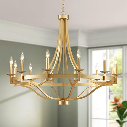 WUZUPS 12-Light Wagon Wheel Metal Candle Chandelier Round Pendant Ceiling Lighting Rustic Farmhouse Fixture Kitchen Island Dining Room, H 39.4" W10, E12 Base, Gold