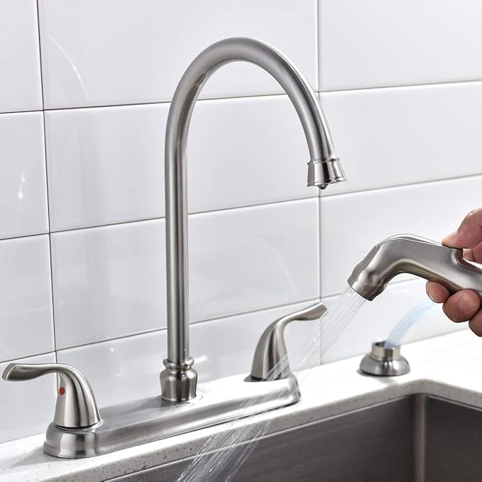 SHACO Kitchen Faucet with Side Sprayer, 2 Handle Kitchen Sink Faucet with Water Supply Line, Brushed Nickel 360 Swivel Kitchen Faucet for Sink 3 Hole 4 Hole, SC-SLYT004L-S new13