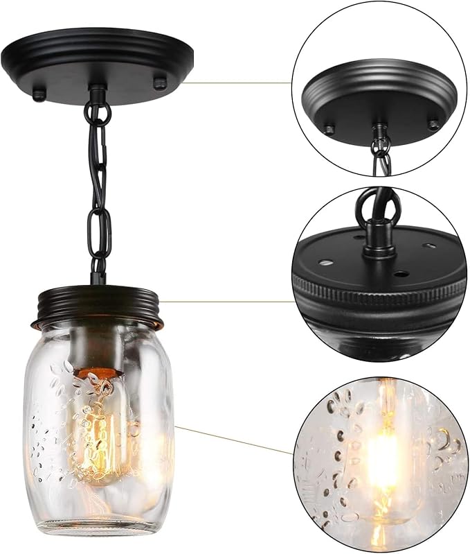 Glass Mason Jar Light Fixtures, 1-Light Kitchen Island Pendant Lighting Farmhouse Light Fixture Close to Ceiling Light for Kitchen Barn Farmhouse Dining Room Hallway Stairway