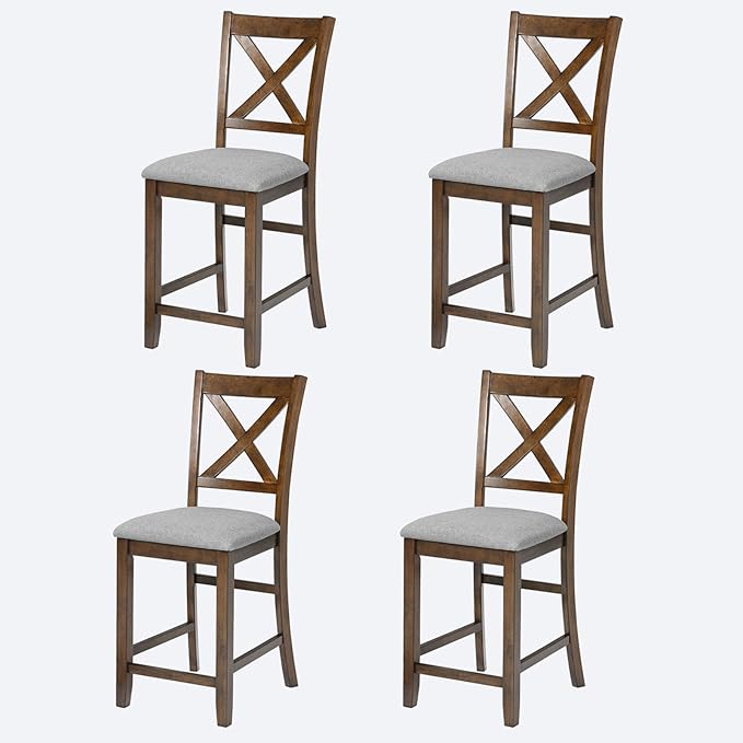 Ball & Cast Counter Height Stools Set of 4, 24" H X-Backrest Bar-Stool with Padded Seats, Rubber Wood Kitchen Dining Chairs for Counter-Table, 4 Piece Upholstered Barstools, Easy Assembly, Walnut