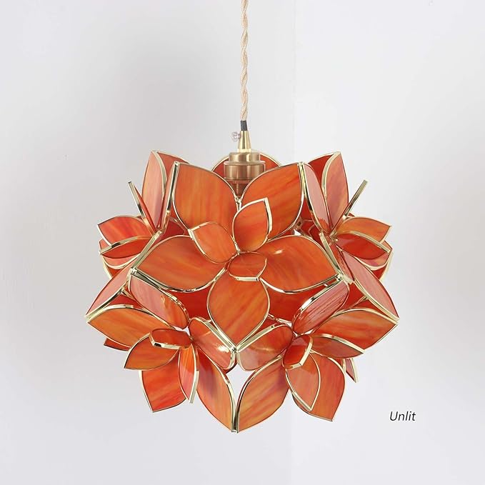 Bieye L10920 Petals Tiffany Style Stained Glass Ceiling Pendant Light for Home Decoration (Orange, 12" Rose Lily)