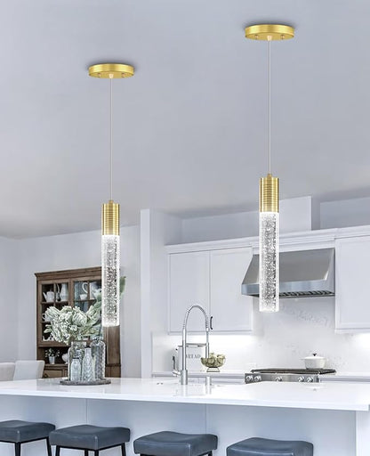 HAIXIANG Set of 2 Pendant Lights for Kitchen Island, White Light, Gold Crystal Linear Pendant Lighting, Bar Corner LED Light Fixture