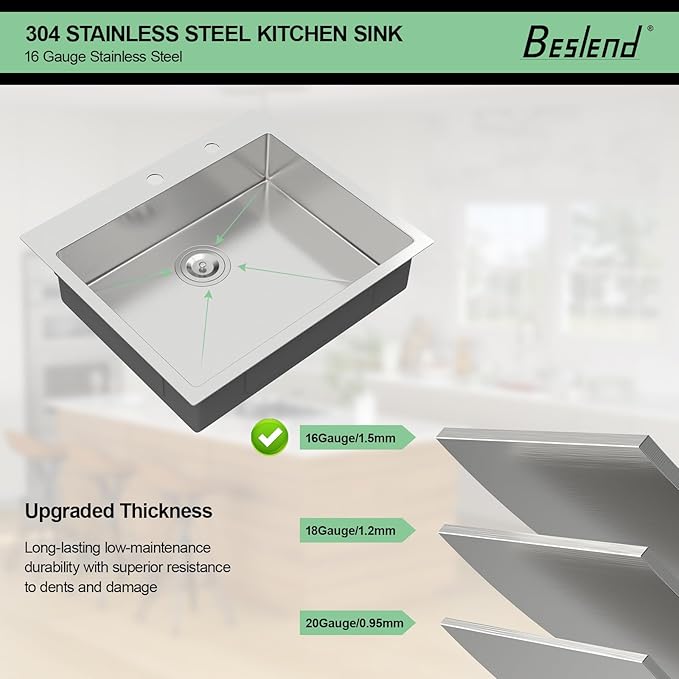 25 Inch Drop In Kitchen Sink - Beslend ADA 6 Inch Depth 25x22 Drop In Sinks Topmount Stainless Steel 16 Gauge Mobility Friendly Sink for Wheelchair Accessible & Accessible Design Kitchen
