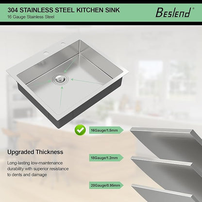 25 Inch Drop In Kitchen Sink - Beslend ADA 6 Inch Depth 25x22 Drop In Sinks Topmount Stainless Steel 16 Gauge Mobility Friendly Sink for Wheelchair Accessible & Accessible Design Kitchen