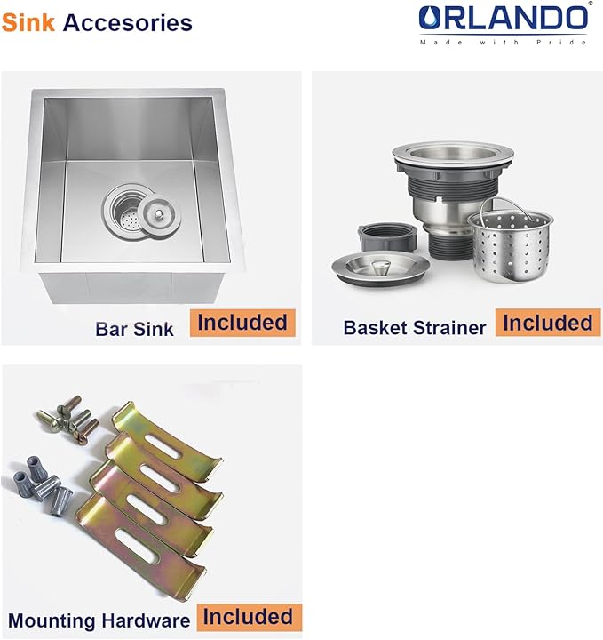 13 Inch Undermount Bar Sink, ORLANDO 13'' x 15'' Stainless Steel Bar Sink 18 Gauge Handmade Undermount Single Bowl Small Kitchen Sink with Strainer