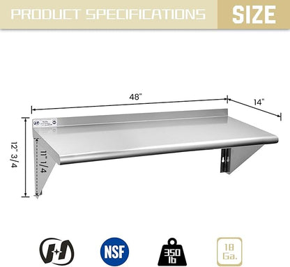 Hally Stainless Steel Shelf 14 x 48 Inches, 350 lb, Commercial Wall Mount Floating Shelving for Restaurant, Kitchen, Home and Hotel