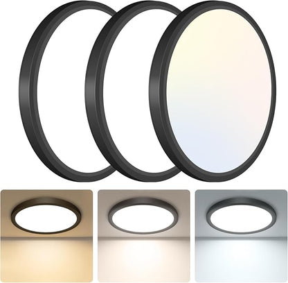 libtit 3Pack 7 inch Flush Mount Ceiling Light, 15W 1500Lm Surface Mount LED Light Fixture,3000k/4000k/6500k Color Selectable, Black Thin Flat Round LED Lamp for Bathroom Kitchen Laundry LivingRoom