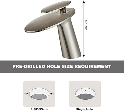 Wovier Brushed Nickel Waterfall Bathroom Sink Faucet,Single Handle Single Hole Brass Lavatory Vanity Faucet,Slanted Body Basin Mixer Tap with Supply Hose and Pop Up Drain Assembly