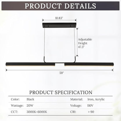 Modern Black Linear LED Pendant Light with Remote Control, 59" 20W 3-Color Temp Stepless Dimmable Island Pendant Lights, Hanging Adjustable Minimalist Pendant for Dining Room Kitchen Bar