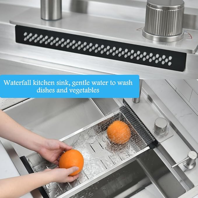 33 Inch Drop In Waterfall Kitchen Sink Workstation-Bokaiya 33x19 Drop In Kitchen Sink with Faucet Combo Stainless Steel Top Mount 16 Gauge 10" Deep Single Bowl Waterfall Sink with Soap Dispenser