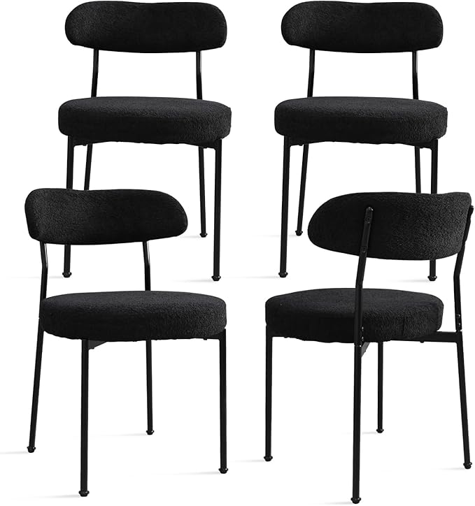 Black Boucle Dining Chair Set of 4, Modern Oval Upholstered Dining Chairs with Curved Back and Metal Leg for Dining Room,Restaurant,Kitchen Island(Black Leg)