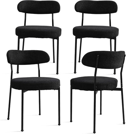 Black Boucle Dining Chair Set of 4, Modern Oval Upholstered Dining Chairs with Curved Back and Metal Leg for Dining Room,Restaurant,Kitchen Island(Black Leg)