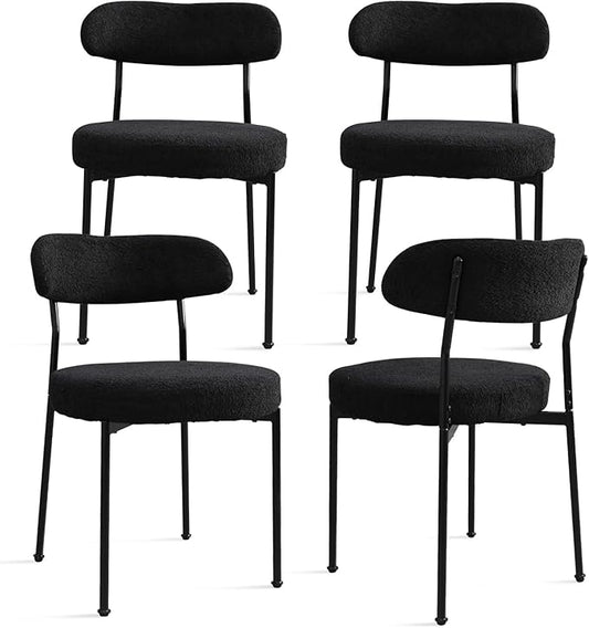 Black Boucle Dining Chair Set of 4, Modern Oval Upholstered Dining Chairs with Curved Back and Metal Leg for Dining Room,Restaurant,Kitchen Island(Black Leg)