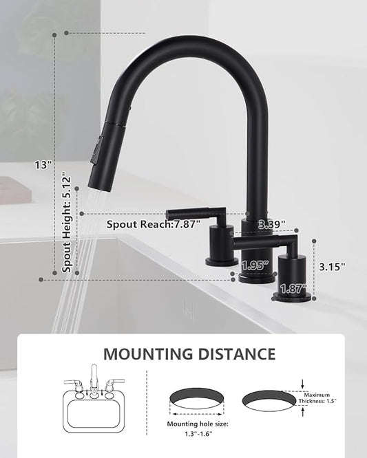 Tohlar 3 Holes Kitchen Faucet Black, 2 Handle Kitchen Sink Faucets, Black Kitchen Faucet with Pull Down Sprayer, Kitchen Sink Faucets Matte Black Stainless Steel Faucet for Kitchen Sink