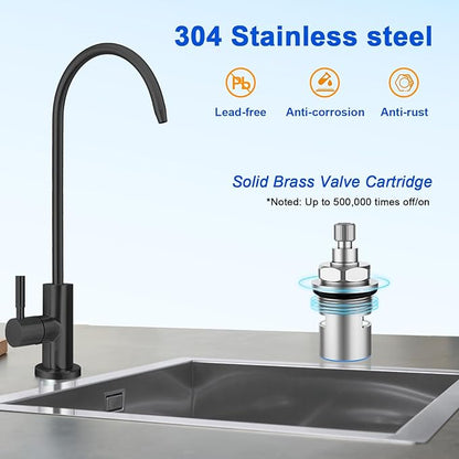 Drinking Water Faucet - Long Thread Stem Filtered Water Tap for Thick Countertop,Lead-Free RO Faucet with Hose and Push Connect Fittings(Matte Black-Flat Top)