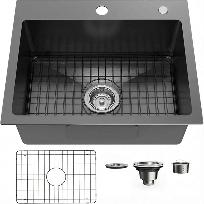 20" x 16" Drop in Kitchen Sink 304 Stainless Steel Single Bowl Topmount Bar Sink with Drain Kit and Bottom Grid, Black