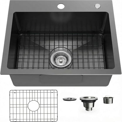 20" x 16" Drop in Kitchen Sink 304 Stainless Steel Single Bowl Topmount Bar Sink with Drain Kit and Bottom Grid, Black