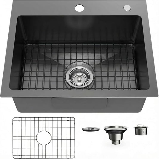 20" x 16" Drop in Kitchen Sink 304 Stainless Steel Single Bowl Topmount Bar Sink with Drain Kit and Bottom Grid, Black