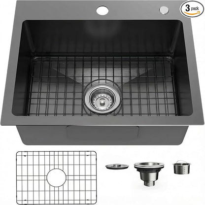 22" x 18" Drop in Kitchen Sink 304 Stainless Steel Single Bowl Topmount Bar Sink with Drain Kit and Bottom Grid, Black
